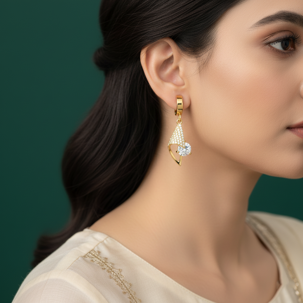 18K Gold Plated Sleek Geometric Pavé Earring