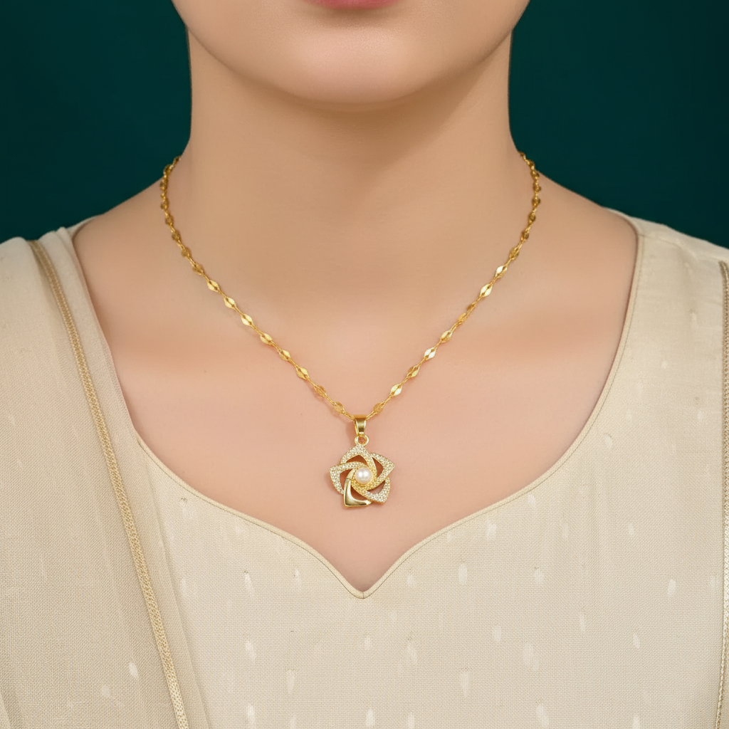 18K Gold Plated Polished Petal Pearl Necklace