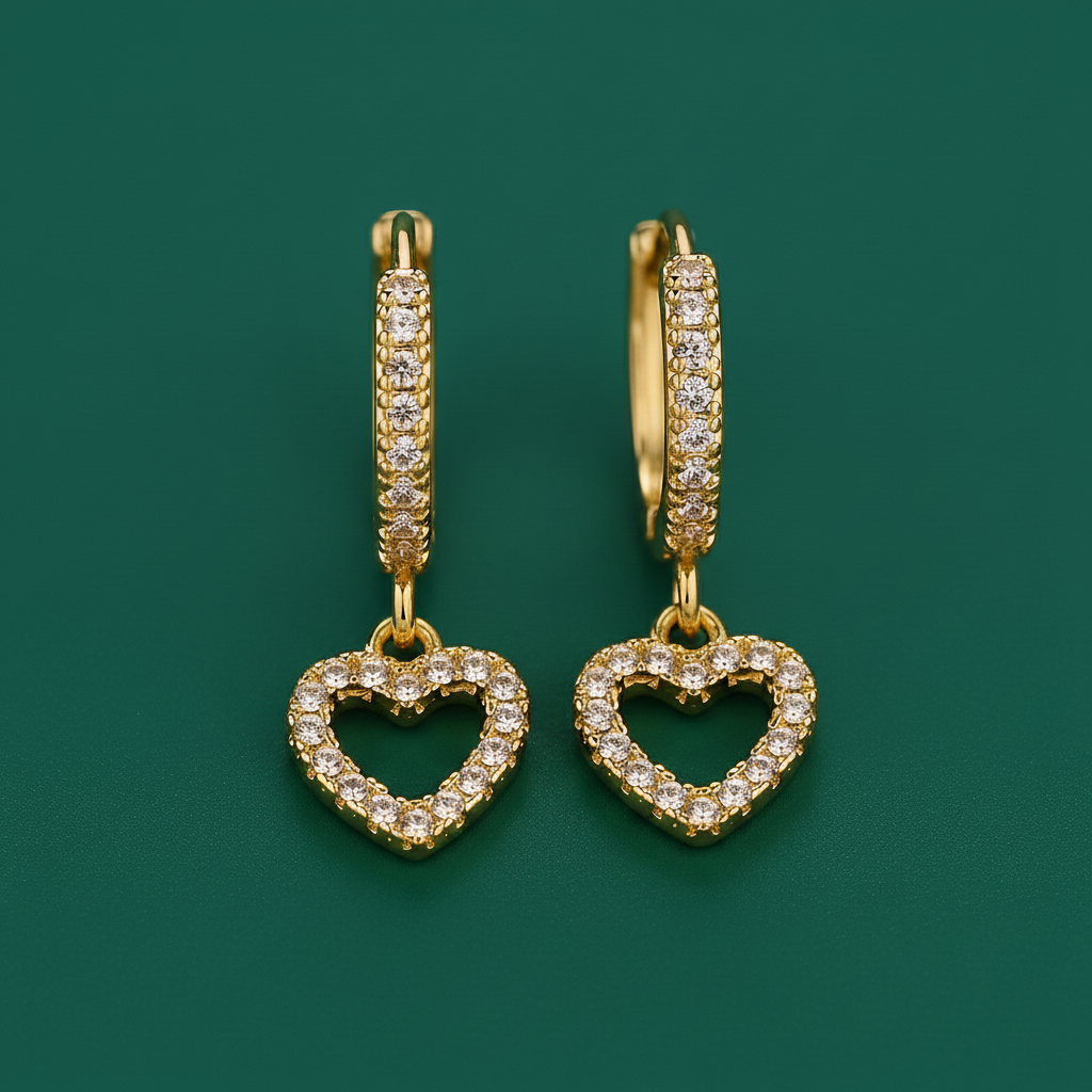 18K Gold Plated Pave Heart Dangle Earring