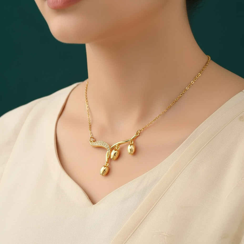 18K Gold Plated Pave Bud Branch Necklace