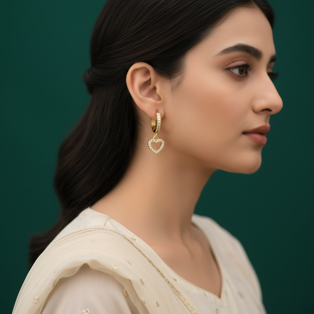 18K Gold Plated Pave Heart Dangle Earring