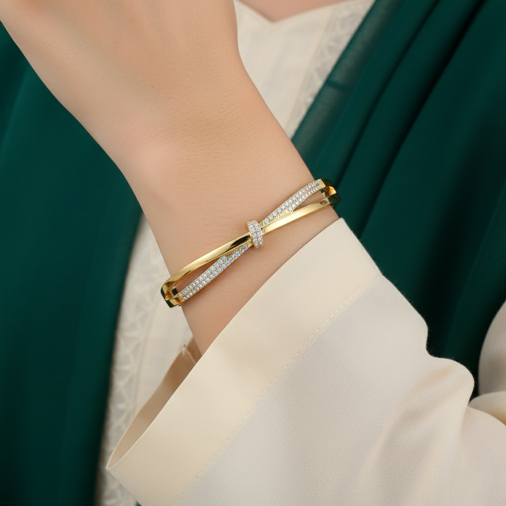 18K Gold Plated Pave Crossover Bangle Bracelet
