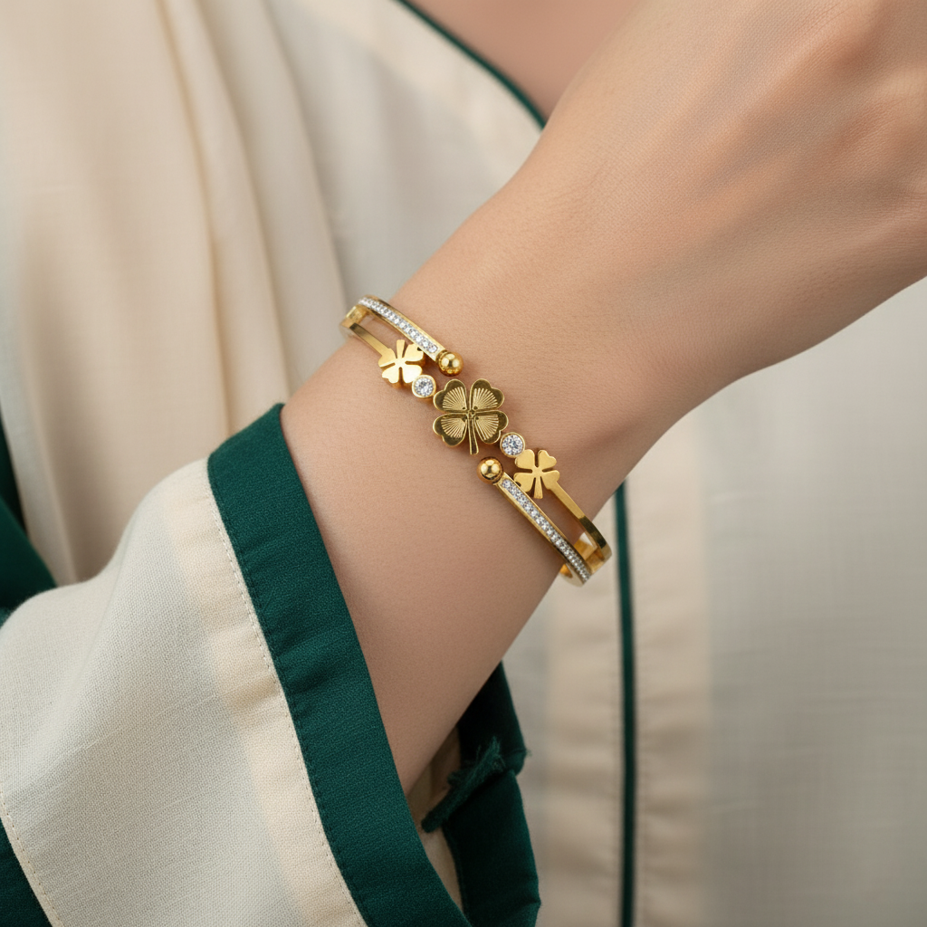 18K Gold Plated Clover Motif Bangle Bracelet