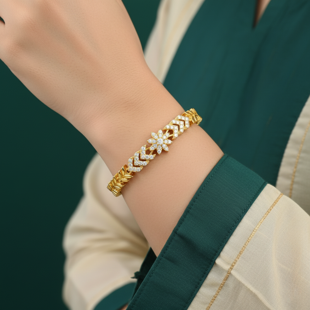 18K Gold Plated Floral Pave Link Bracelet